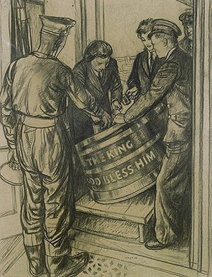 Sailors drinking grog from a barrel